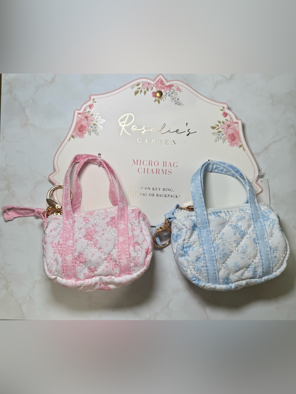 Micro AirPods Bag Charm - Pink and Blue Quilted Keychain